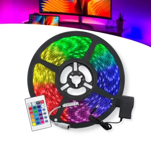 Fita LED RGB 5050 Rolo 5m Ip65 - Resistente à Água com Controle Remoto e Fonte Bivolt 12V – Iluminação Multicolorida