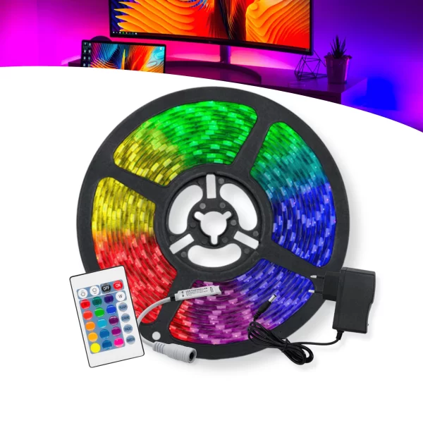 Fita LED RGB 5050 Rolo 5m Ip65 - Resistente à Água com Controle Remoto e Fonte Bivolt 12V – Iluminação Multicolorida