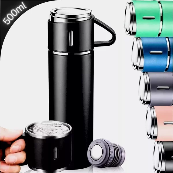 Kit Garrafa Térmica, Frascos a Vácuo em Aço Inox, Garrafa 500ml + 3 Xícaras, Bebidas Fria ou Quente, Vacuum Flask Set - Image 5