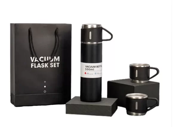 Kit Garrafa Térmica, Frascos a Vácuo em Aço Inox, Garrafa 500ml + 3 Xícaras, Bebidas Fria ou Quente, Vacuum Flask Set - Image 2