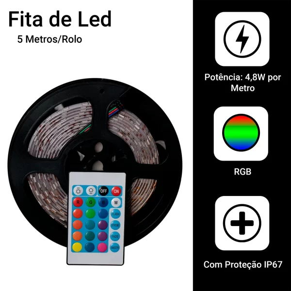 Fita LED RGB 5050 Rolo 5m Ip65 - Resistente à Água com Controle Remoto e Fonte Bivolt 12V – Iluminação Multicolorida - Image 5