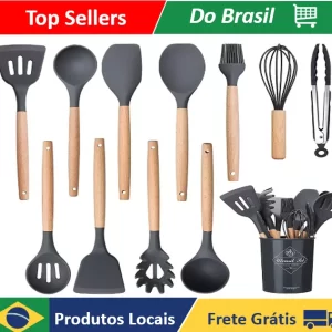 Kit 12 Utensílios De Cozinha Em Silicone E Cabo De Madeira