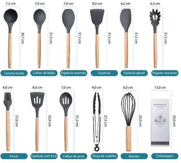 Kit 12 Utensílios De Cozinha Em Silicone E Cabo De Madeira - Image 2